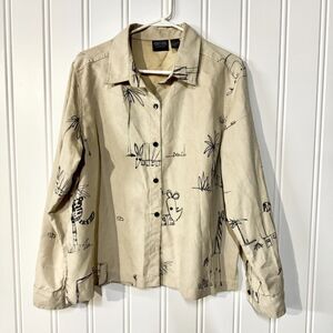 CHICOS Button Down Women SZ 3/L Polyester Animal‎ Artwork Drawling Collared Tan